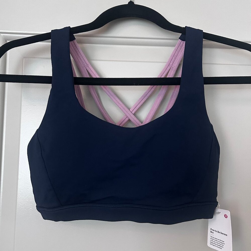 New NWT Lululemon Free to Be Serena Blue Push Up Sports Strappy Bra Size 4 C/D